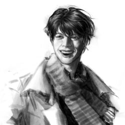 Rule 34 | 1boy, :d, black eyes, black hair, coat, fringe trim, greyscale, grin, kim dokja, macaronijail, male focus, monochrome, omniscient reader&#039;s viewpoint, open mouth, popped collar, scarf, short hair, smile, solo, sparkling eyes, striped clothes, striped scarf, teeth, upper body, upper teeth only, white coat