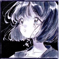 1girl absurdres alternate_body_fluid blue_eyes bob_cut crying crying_with_eyes_open crystal floating_hair hidari_(nanmu-left) highres light_particles looking_ahead monochrome open_mouth original portrait school_uniform serafuku shikishi short_hair simple_background solo star_tears tears traditional_media