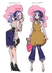 1boy 1girl alternate_costume alternate_hairstyle cloud dress fashion glasses high_heels highres kumoi_ichirin simple_background unzan yamazaki_tsukune