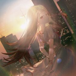 Rule 34 | 1girl, amano (amn amn), armlet, arms behind back, backlighting, blonde hair, bracelet, braid, brown hair, building, chinese commentary, city, closed mouth, colored eyelashes, commentary request, corsage, dress, evening, flipped hair, floating hair, forehead, from behind, gakuen idolmaster, gradient hair, hair ribbon, highres, holding own arm, idolmaster, jewelry, lens flare, light smile, long hair, looking at viewer, looking back, multicolored hair, multiple bracelets, orange eyes, orange sky, parted bangs, puffy short sleeves, puffy sleeves, ribbon, ribbon braid, shinosawa hiro, short sleeves, side braid, single-shoulder dress, single bare arm, single bare shoulder, sky, solo, standing, sun, sunfaded (idolmaster), sunlight, sunset, turning head, white dress, white eyelashes