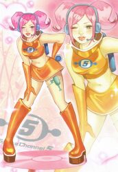 1girl blue_eyes boots breasts commentary crop_top cyber_fashion elbow_gloves energy_gun english_commentary gloves headphones headset highres holding knee_boots leaning_forward looking_at_viewer medium_breasts microphone midriff miniskirt navel one_eye_closed orange_boots orange_gloves pink_eyebrows pink_hair ray_gun shirt short_hair short_twintails skirt sleeveless smile solo space_channel_5 tamakid twintails ulala weapon y2k_fashion zoom_layer