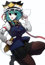 1girl absurdres alternate_breast_size asymmetrical_hair black_eyes black_hat black_shoes black_skirt blue_vest breasts brown_pantyhose buttons epaulettes expressionless frilled_hat frills full_body green_hair hair_between_eyes hat highres holding iganashi1 impossible_clothes impossible_vest large_breasts long_bangs long_sleeves looking_to_the_side medium_hair open_mouth pantyhose pencil_skirt reverse_grip rod_of_remorse shiki_eiki shirt shoes simple_background skirt solo touhou vest white_background white_shirt