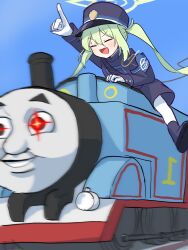 1girl :d armband bag black_hat black_jacket black_shorts blue_archive blue_armband blue_sky boots buttons commentary_request crossover demon_tail double-breasted fang gloves green_hair green_halo hair_between_eyes halo hat highres jacket jewelry locomotive long_hair long_sleeves nozomi_(blue_archive) open_mouth pantyhose pointing pointing_forward pointy_ears shorts shoulder_bag sidelocks skin_fang sky smile steam_locomotive tail thomas_the_tank_engine thomas_the_tank_engine_(character) train train_conductor twintails uranium10 very_long_hair white_gloves white_pantyhose yellow_eyes