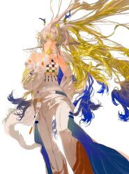 Rule 34 | 1girl, absurdres, aqua eyes, arknights, bare shoulders, beads, belt, blonde hair, chinese commentary, closed mouth, colored extremities, commentary request, dragon girl, dragon horns, dragon tail, earrings, eyeliner, feet out of frame, finger to mouth, floating hair, grey hair, hair between eyes, hair intakes, highres, horns, jacket, jewelry, light smile, lomizuki, long hair, long sleeves, looking at viewer, makeup, multicolored hair, necklace, off shoulder, orange eyeliner, pants, pointy ears, purple hair, shu (arknights), shushing, simple background, solo, strapless, tail, tube top, very long hair, white background, white belt, white jacket, white pants, white tube top