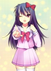 Rule 34 | 1girl, ageha (kyoukai no rinne), hair ornament, kyoukai no rinne, long hair, one eye closed, open mouth, pointing, purple eyes, purple hair, ribbon, skirt, thighhighs, wink