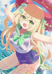 1girl :d absurdres arms_up blonde_hair blue_one-piece_swimsuit blue_sky blush bow breasts cloud commission day fangs fish_hair_ornament green_bow green_eyes green_sailor_collar hair_ornament hair_ribbon hairclip highres holding holding_swim_ring innertube leg_tattoo lens_flare long_hair looking_at_viewer medium_breasts ocean one-piece_swimsuit open_mouth outdoors rainbow ribbon sailor_collar sailor_shirt school_swimsuit school_uniform see-through_clothes serafuku shiro9jira shirt skeb_commission skin_fangs sky sleeveless sleeveless_shirt smile solo swim_ring swimsuit swimsuit_under_clothes tattoo two_side_up vbox virtual_youtuber wading water water_drop wet wet_clothes wet_shirt white_shirt x_hair_ornament zaza_zauru