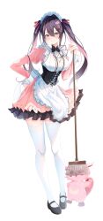 1girl absurdres alternate_costume apron azki_(hololive) black_corset black_hair black_shoes blush breasts broom closed_mouth commentary corset dress enmaided frilled_apron frills full_body hair_between_eyes hand_on_own_hip highres holding holding_broom hololive large_breasts long_hair long_sleeves looking_at_viewer maid maid_headdress mary_janes multicolored_hair pink_dress pink_hair pioneer_(azki) purple_eyes rin_(rin_illust_0805) shoes simple_background smile solo standing thighhighs two-tone_hair white_apron white_background white_thighhighs zettai_ryouiki