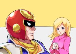 1boy 1girl blonde_hair blue_eyes captain_falcon cleft_chin commentary cup f-zero helmet hirotaka_(hrtk990203) holding holding_cup nintendo simple_background super_smash_bros. sweater visor