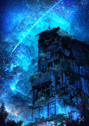 1girl amatsuki_rei arms_at_sides black_hair blue_sky blue_theme building bush commentary_request full_body highres long_hair looking_up original ruins scenery shooting_star signature sky standing star_(sky) starry_sky tree