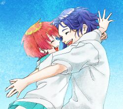 1boy 1girl absurdres amate_yuzuriha blue_background blue_hair closed_eyes commentary_request face-to-face gundam gundam_gquuuuuux highres hug multicolored_hair open_mouth red_hair school_uniform shirt short_hair shuji_ito smile sweater upper_body white_shirt yzcoshou