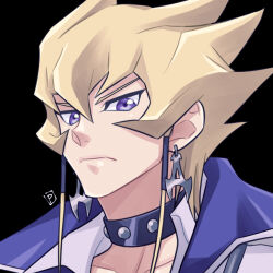 1boy black_background blonde_hair choker closed_mouth commentary_request hair_between_eyes jack_atlas jacket looking_at_viewer male_focus pomiwo purple_eyes solo spiked_hair upper_body white_jacket yu-gi-oh! yu-gi-oh!_5d&#039;s