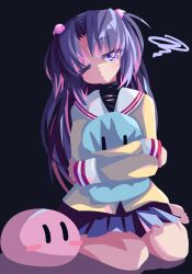 Rule 34 | 1girl, black background, blue eyes, blue skirt, clannad, dango daikazoku, evanhehehe, hair bobbles, hair ornament, highres, hugging doll, hugging object, ichinose kotomi, jacket, long hair, purple eyes, sailor collar, school uniform, serafuku, skirt, solo, squiggle, two side up, white sailor collar, yellow jacket