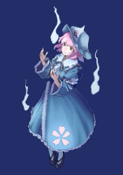 1girl back_bow black_shoes blue_background blue_bow blue_hat blue_kimono blue_ribbon blue_sash bow center_frills commentary_request dot_nose eyebrows_hidden_by_hair flats floating frilled_kimono frills hair_between_eyes hat highres hitodama japanese_clothes kimono long_sleeves mob_cap neck_ribbon obi pink_eyes pink_hair ribbon saigyouji_yuyuko sash shiratama_(hockey) shoes short_hair sleeve_garter smile socks solo touhou white_socks wide_sleeves