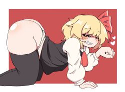 1girl all_fours ascot ass black_thighhighs black_vest blonde_hair blush hair_ribbon heart highres mr._roft panties red_ascot red_eyes red_ribbon ribbon rumia sharp_teeth shiny_skin short_hair smile solo teeth thighhighs touhou underwear vest white_panties