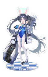 animal_ear_hairband animal_ears aris_(blue_archive) black_footwear black_hair blue_archive blue_eyes blue_leotard blue_necktie blush energy_gun fake_animal_ears forehead gun hairband highres holding holding_gun holding_weapon jacket jacket_partially_removed laser_rifle leotard looking_at_viewer necktie open_mouth pantyhose playboy_bunny pom_pom_(clothes) rabbit_ear_hairband rabbit_ears single_bare_shoulder twintails v weapon weapon_on_back white_jacket white_pantyhose xintianou