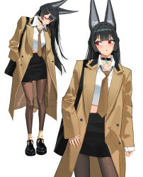1girl absurdres alternate_costume animal_ear_fluff animal_ears black_choker black_hair black_pantyhose black_skirt blunt_bangs blush brown_coat brown_necktie choker closed_mouth coat collarbone commentary cowboy_shot fox_ears fox_girl high-waist_skirt highres hoshimi_miyabi long_hair looking_to_the_side necktie pantyhose pencil_skirt red_eyes shirt sidelocks simple_background skirt standing symbol-only_commentary white_background white_shirt wonbin_lee zenless_zone_zero