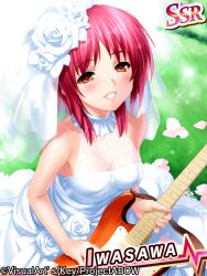 1girl angel_beats! bare_arms bare_shoulders blush breasts bridal_veil character_name cleavage collar commentary_request copyright_name day detached_collar dress dress_flower eyelashes eyes_visible_through_hair fingernails floral_print flower frilled_dress frills grass guitar hair_flower hair_ornament half-closed_eyes happy holding holding_instrument instrument iwasawa_masami lips long_dress looking_at_viewer medium_breasts open_mouth outdoors parted_bangs red_eyes red_hair rose rose_print short_hair smile solo sparkle strapless strapless_dress veil wedding_dress white_collar white_dress white_flower white_rose zen_(kamuro)