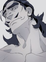 1boy adam&#039;s_apple aquiline_nose black_eyes black_hair colored_skin desha_(ousama_ranking) grey_skin head_tilt highres huge_eyebrows looking_at_viewer male_focus mullet muscular muscular_male neck_focus nose nude ousama_ranking pectorals portrait sanpaku sashimi_oran short_hair solo tusks