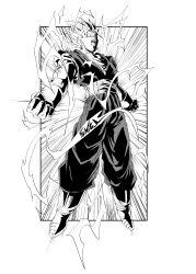1boy absurdres artist_name boots clenched_hands dougi dragon_ball dragonball_z electricity fenyon full_body gloves greyscale halftone highres male_focus monochrome muscular muscular_male simple_background solo spiked_hair super_saiyan vegetto white_background