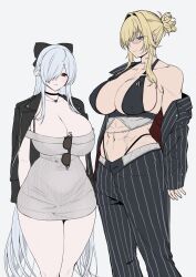 2girls abs amano_don arms_behind_back bikini bikini_under_clothes black_bikini black_bow black_choker black_jacket black_pants blonde_hair blue_eyes blush bow breasts choker cinderella_(beautiful_me)_(nikke) cinderella_(nikke) cleavage closed_mouth commentary curvy dongtan_dress dress eyewear_hang feet_out_of_frame formal_clothes glasses goddess_of_victory:_nikke grave_(beautiful_you)_(nikke) grave_(nikke) grey_background grey_dress hair_bow hair_intakes hair_over_one_eye half_updo heart heart_necklace highleg highleg_bikini highres jacket jacket_on_shoulders jewelry large_breasts light_smile long_hair looking_at_viewer medium_hair meme_attire multiple_girls navel necklace off-shoulder_dress off_shoulder official_alternate_costume open_clothes open_fly open_jacket pants parted_lips pencil_dress pinstripe_jacket pinstripe_pants pinstripe_pattern pinstripe_shirt pinstripe_suit ponytail red_eyes ribbed_dress scar scar_on_stomach shirt short_dress short_ponytail sidelocks simple_background single_bare_shoulder single_off_shoulder standing striped_clothes striped_jacket striped_pants suit sunglasses swimsuit symbol-only_commentary tinted_eyewear underbust unworn_eyewear vertical-striped_clothes vertical-striped_jacket vertical-striped_pants very_long_hair white_hair yellow-tinted_eyewear