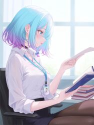 1girl black_choker black_skirt blue_eyes blue_hair book brown_pantyhose chair charon_universe choker collared_shirt eris_(charon_universe) gradient_hair highres id_card lanyard looking_down miniskirt multicolored_hair myomomoo office_chair office_lady pantyhose pencil_skirt purple_hair shirt shirt_tucked_in short_hair skirt solo swivel_chair virtual_youtuber white_shirt