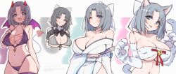 1girl absurdres animal_ears bare_shoulders bell bikini blue_bikini blue_eyes blush bow bowtie breasts breasts_out cat_ears cat_girl cat_paws cat_tail chami_(charming621) cleavage clothes_lift collarbone demon_girl demon_horns demon_tail demon_wings dress elbow_gloves gloves grey_hair hair_bow hand_fan hands_up highres holding holding_fan horns japanese_clothes kimono medium_hair multiple_views navel off-shoulder_dress off-shoulder_kimono off_shoulder one_eye_closed school_uniform senran_kagura senran_kagura_estival_versus senran_kagura_shinovi_versus shirt_lift smile stomach swimsuit tail tongue tongue_out underboob wings yumi_(senran_kagura)
