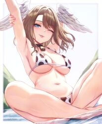 1girl animal_print arm_up armpits arms_up bare_shoulders bell bikini black_choker blue_eyes blush breast_tattoo breasts brown_hair choker cleavage commentary cow_print cow_print_bikini cowbell english_commentary eunie_(xenoblade) head_wings large_breasts leonmandala long_hair looking_at_viewer navel one_eye_closed print_bikini smile solo stomach swimsuit tattoo thighs tongue tongue_out water wet white_wings wings xenoblade_chronicles_(series) xenoblade_chronicles_3