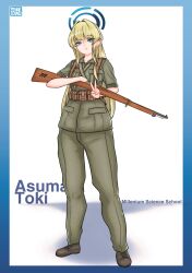 absurdres ammunition_pouch blonde_hair blue_archive blue_eyes gun halo highres military military_uniform millennium_science_school_logo pouch rafael_(rafa_w73) rifle suspenders sweden swedish_mauser toki_(blue_archive) v weapon world_war_ii