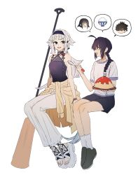 1girl 1other absurdres ahoge black_hair braid clothes_around_waist fate/grand_order fate/samurai_remnant fate_(series) food highres invisible_chair long_hair miyamoto_iori_(fate) ninjin_(ne_f_g_o) oar ogasawara_kaya omelet omurice pants sandals shorts sitting spoken_character spoken_food white_hair white_pants yamato_takeru_(fate) yui_shousetsu_(fate)