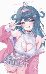 1girl ahoge amano_nene_(vtuber) angel_wings black_choker blue_eyes blue_hair blush braid braided_bangs breasts chest_harness choker cleavage cleavage_cutout clothing_cutout commentary commission cowboy_shot english_commentary fishnet_pantyhose fishnets grey_skirt hair_between_eyes hair_ornament hair_rings hairband hairclip halo harness heart heart_ahoge heart_cutout heart_halo heart_o-ring highres indie_virtual_youtuber jacket large_breasts leaning_forward long_hair long_sleeves looking_at_viewer mini_wings mole mole_on_breast mole_on_thigh mole_under_eye o-ring o-ring_choker off_shoulder official_alternate_costume open_clothes open_jacket open_mouth pantyhose pink_hairband pink_jacket plaid_clothes plaid_skirt pleated_skirt ribbed_shirt shirt simple_background skindentation skirt sleeveless sleeveless_shirt sleeves_past_wrists smile solo standing star_(symbol) thigh_strap turtleneck turtleneck_shirt v virtual_youtuber white_background white_shirt wings zxcsque