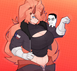 1girl abs big_hair blue_eyes breasts chudjak cleavage flexing fur-trimmed_jacket fur_trim gloves hand_on_own_hip hand_up highres horns huge_breasts jacket long_hair looking_at_viewer muscular muscular_female orange_background orange_hair original ponytail red_horns second-party_source simple_background texas_flag_print very_long_hair white_gloves zess_(zestyjesus)