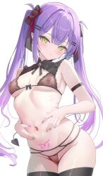 1girl arm_strap black_bow black_bra black_panties black_ribbon black_thighhighs blush bow bra breasts commentary_request covered_erect_nipples demon_tail ear_piercing fang fingernails gradient_hair green_eyes green_nails hair_ribbon hands_on_own_stomach heart heart-shaped_pupils highres hololive lingerie long_hair looking_down looking_to_the_side multicolored_hair nail_polish naughty_face navel nekonosuke panties piercing pink_hair pink_nails pointy_ears pubic_tattoo purple_hair ribbon simple_background skindentation solo spread_navel stomach symbol-shaped_pupils tail tattoo thighhighs thighs tokoyami_towa twintails two-tone_hair underwear underwear_only virtual_youtuber white_background