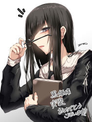 black_serafuku black_shirt cross-laced_clothes cross-laced_sleeves diagonal_bangs fate/grand_order fate_(series) glasses grey_eyes hand_on_weapon highres katana kurohime_(fate) neckerchief rectangular_eyewear sailor_collar scar scar_across_eye scar_on_face school_uniform serafuku shirt sleeve_cuffs sleeve_ribbon sword tgxx3300 unamused weapon white_neckerchief white_sailor_collar