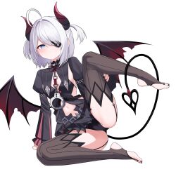 1girl absurdres ahoge arm_support bebetang black_choker black_dress black_nails black_survival black_thighhighs blue_eyes bow bowtie cameltoe choker closed_mouth clothing_cutout demon_girl demon_horns demon_tail demon_wings dress eternal_return:_black_survival eyepatch feet flat_chest garter_straps hair_over_one_eye heart heart_tail highres horns jewelry leg_lift long_sleeves looking_at_viewer low_wings medium_hair nail_polish navel navel_cutout no_shoes red_bow red_bowtie simple_background sissela_kyle sitting solo stirrup_legwear tail thighhighs thighs toe_ring toeless_legwear toes white_background white_hair wings