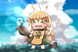 &gt;_&lt; 1girl barefoot blonde_hair blue_sky blush brown_hat brown_tabard cloud commentary_request full_body green_skirt hat holding holding_unworn_clothes holding_unworn_hat hot lens_flare long_hair matara_okina motion_lines open_mouth rokugou_daisuke shirt short_sleeves signature skirt sky solo standing sweat tabard touhou unworn_footwear unworn_hat unworn_headwear white_shirt