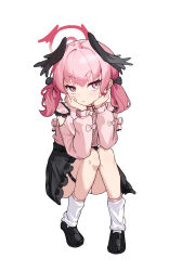 1girl absurdres black_ribbon black_skirt blue_archive blush closed_mouth full_body hair_ribbon halo hands_on_own_cheeks hands_on_own_face highres invisible_chair koharu_(blue_archive) loafers loli long_hair long_sleeves looking_at_viewer loose_socks panties pantyshot pink_hair pink_halo pink_shirt pleated_skirt ribbon shirt shoes sitting skirt socks solo tianyu2944 twintails underwear