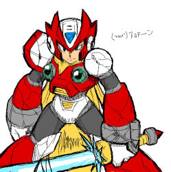 1boy armor battle_damage blonde_hair blue_eyes chest_jewel damaged energy_sword forehead_jewel gloves half-closed_eye helmet hi-go! holding holding_sword holding_weapon jewelry long_hair looking_at_viewer mega_man_(series) mega_man_x_(series) ponytail red_armor red_helmet shoulder_armor simple_background solo standing sword very_long_hair weapon white_background white_gloves z_saber zero_(mega_man)