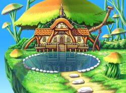 Rule 34 | artist request, bush, check artist, concept art, door, floating island, flower, grass, house, little tail bronx, no humans, official art, outdoors, path, pond, road, rock, scenery, sky, solatorobo, tanimeso, third-party source, tree, water, window