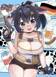 1girl absurdres animal_ears bandaid bandaid_on_face bandaid_on_nose black_hair blue_eyes breasts cleavage commentary commission cow_ears cow_girl cow_horns fingerless_gloves german_flag gloves gun handgun highres holding holding_gun holding_weapon horns indie_virtual_youtuber kuroshiro_(lilymofumofu) large_breasts shorts skeb_commission solo tail weapon
