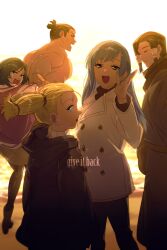 2boys 3girls black_hair blonde_hair blue_hair character_request coat echo_(circa) formal_clothes jujutsu_kaisen long_hair long_sleeves looking_at_viewer miwa_kasumi multiple_boys multiple_girls nishimiya_momo open_mouth short_hair smile suit topless_male zen&#039;in_mai