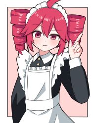 Rule 34 | 1girl, ahoge, alternate costume, apron, collared dress, commentary request, dress, drill hair, enmaided, highres, index finger raised, kasane teto, long sleeves, looking at viewer, maid, maid headdress, pink eyes, pink hair, reakun (lakun2015), smile, smirk, solo, twin drills, uneven eyes, utau