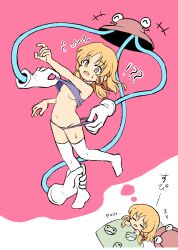 ! !? 1girl ? absurdres animal_print assisted_exposure blonde_hair blush breasts brown_hat closed_eyes clothes_pull crop_top dreaming frog frog_print futon hair_ribbon hat highres leg_grab looking_at_viewer moriya_suwako navel nightmare nipples open_mouth outstretched_arm panties pants pants_pull pulling_another&#039;s_clothes pyonta ramudia_(lamyun) ribbon short_hair sidelocks simple_background sleeping solo spoken_interrobang surprised sweat tank_top thighhighs touhou translation_request tress_ribbon under_covers underwear undressing undressing_another white_thighhighs yellow_eyes zzz