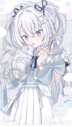 1girl bakery black_bow black_bowtie black_ribbon blonde_hair blue_background blue_bow blue_eyes blue_ribbon blue_shirt bow bowtie bread cloud collar colored_mouth cowboy_shot croissant crossed_bangs diamond_hair_ornament eating flower food food_bite gold_trim grid_background hair_between_eyes hair_bow hair_intakes hair_ornament hair_ribbon haku_(kumorimuu) heart heart_hair_ornament holding holding_food kumorimuu long_hair long_sleeves looking_at_food multicolored_eyes multicolored_hair original parted_bangs pastry pink_eyes pleated_skirt puffy_sleeves ribbon see-through_clothes see-through_sleeves shirt shop skirt sleeves_past_wrists solo streaked_hair twitter_username two-tone_eyes two-tone_hair two_side_up very_long_hair white_collar white_hair white_skirt wrist_bow wrist_ribbon