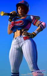 1girl baseball baseball_bat baseball_glove baseball_helmet baseball_uniform breasts curvy female_focus gloves hand_on_own_hip hat helmet highres huge_breasts kazkazuma large_breasts muscular muscular_female outdoors pants red_eyes red_hair shirt short_sleeves smile smiley_face sportswear standing the_king_of_fighters the_king_of_fighters_all-stars thick_thighs thighs vanessa_(kof) wide_hips
