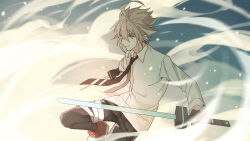 1boy ahoge anmicius aotu_world aqua_eyes bandaged_arm bandaged_leg bandages black_gloves black_necktie black_pants brown_hair chinese_commentary closed_mouth collared_shirt gloves hair_between_eyes highres holding holding_sword holding_weapon light_particles long_sleeves looking_at_viewer male_focus necktie pants pointy_ears red_shoes shirt shoes smile smoke solo sword weapon white_shirt zhao_yi