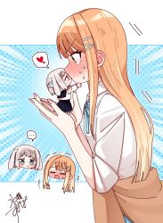 Rule 34 | ..., 2girls, animal ears, black skirt, blue background, blue eyes, blue ribbon, blush, braid, closed eyes, clothes around waist, collared shirt, commentary request, ear blush, gakuen idolmaster, green eyes, h77kobato, hair ribbon, half up braid, heart, highres, idolmaster, katsuragi lilja, kemonomimi mode, kiss, long hair, lop rabbit ears, mini person, minigirl, multiple girls, neck ribbon, nervous sweating, open mouth, orange hair, orange sweater, rabbit ears, ribbon, ribbon braid, school uniform, shirt, shiun sumika, skirt, sleeves rolled up, spoken ellipsis, spoken heart, sweat, sweater, sweater around waist, trembling, white background, white hair, white shirt, yuri