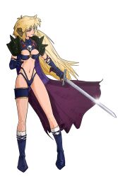 Rule 34 | 1girl, blonde hair, cape, drawfag, hikyou tanken fam &amp; ihrie, naga the serpent (cosplay), navel, rasha (ruin explorers), solo, sword, voice actor connection, weapon