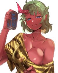 Rule 34 | 1girl, :q, bare shoulders, blue eyes, bow (bhp), breasts, can, cleavage, closed mouth, collarbone, colored skin, food, green hair, highres, holding, holding can, horns, large breasts, looking at viewer, meat, oni, original, red horns, red pupils, red skin, scar, scar on neck, short hair, single horn, single off shoulder, solo, tongue, tongue out, upper body