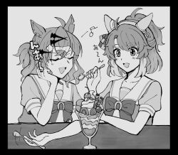 2girls :d ahoge animal_ears black_border border bow bowtie cherry closed_eyes commentary_request dantsu_flame_(umamusume) ear_covers food fruit greyscale hair_between_eyes hair_ornament hairclip highres holding holding_spoon horse_ears horse_girl jungle_pocket_(umamusume) monochrome multicolored_hair multiple_girls notched_ear open_mouth parfait puffy_short_sleeves puffy_sleeves sanayama_(thou_uoht) school_uniform short_sleeves smile spoon streaked_hair tracen_school_uniform two-tone_hair umamusume upper_body white_hair