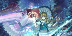 1girl apron bespectacled blonde_hair book bow braid forest game_cg glasses grimoire hair_bow hat highres holding holding_polearm holding_weapon kirisame_marisa lance long_hair magic magic_circle makkuro nature night night_sky official_art open_mouth orange_eyes outdoors polearm puffy_short_sleeves puffy_sleeves shanghai_doll short_sleeves side_braid single_braid sky solo star_(sky) third-party_source touhou touhou_lostword very_long_hair vest waist_apron weapon white_apron white_bow witch_hat